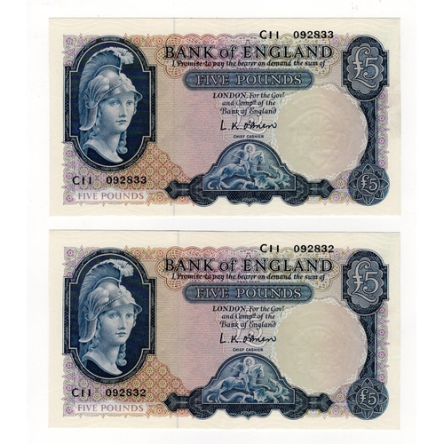 158 - O'Brien 5 Pounds (B277) issued 1957 (2), Lion & Key, a consecutively numbered pair, serial C11 09283... 