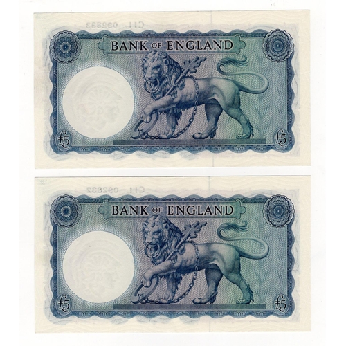 158 - O'Brien 5 Pounds (B277) issued 1957 (2), Lion & Key, a consecutively numbered pair, serial C11 09283... 