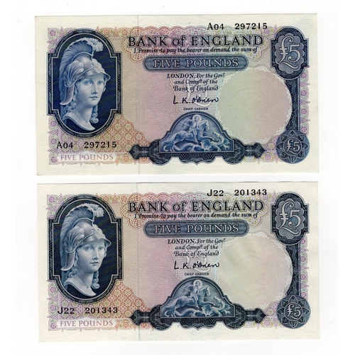 159 - O'Brien 5 Pounds (B277, B280), Lion & Key (2), one issued 1957 FIRST SERIES, serial A04 297215 (B277... 