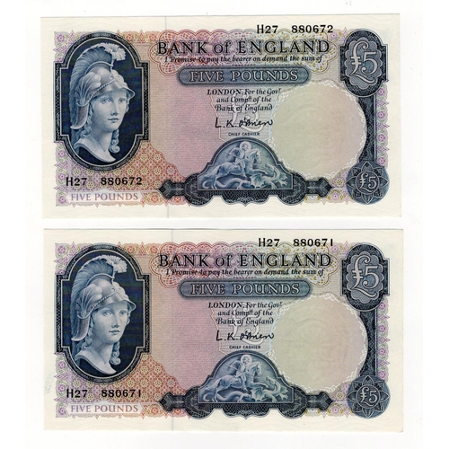 160 - O'Brien 5 Pounds (B280) issued 1961 (2), Lion & Key, a consecutively numbered pair of FIRST SERIES n... 