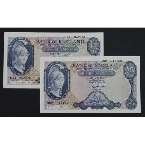 161 - O'Brien 5 Pounds (B280) issued 1961 (2), Lion & Key, a consecutively numbered pair of FIRST SERIES n... 