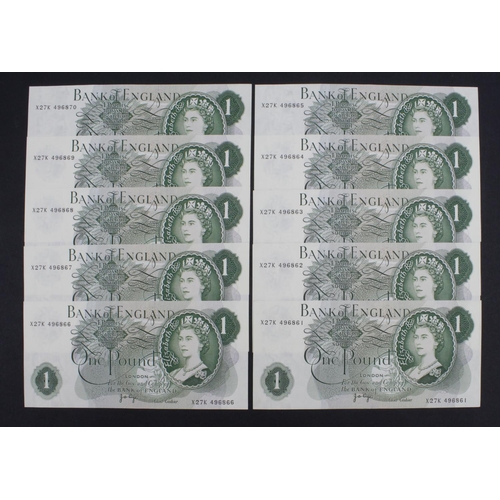 171 - Page 1 Pound (B320) issued 1970 (10), a consecutively numbered run, serial X27K 496861 - X27K 496870... 