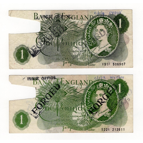 178 - Page 1 Pound FORGERIES (2), a pair of contemporary forgeries with section at left removed, 'FORGED' ... 