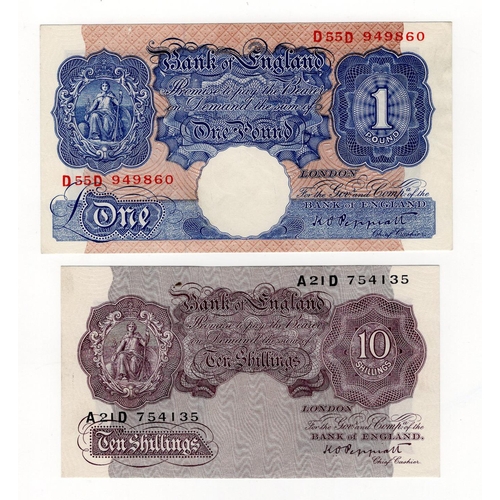 189 - Peppiatt (2), 10 Shillings issued 1940, mauve WW2 emergency issue, serial A21D 754135 (B251, Pick366... 