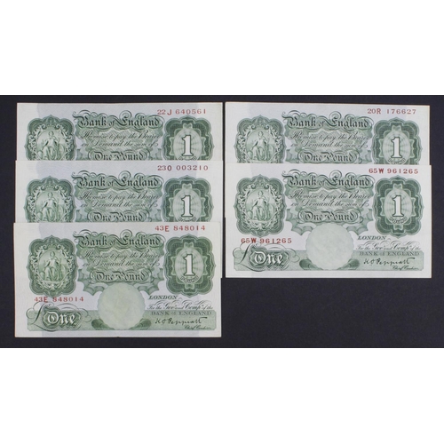 195 - Peppiatt 1 Pound (B238) issued 1934 (5), pre war issues without security thread, prefixes 43E, 22J, ... 