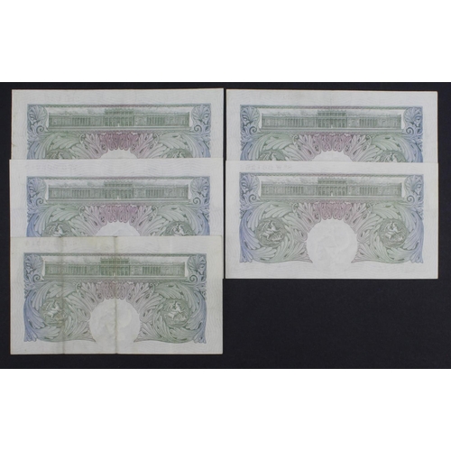 195 - Peppiatt 1 Pound (B238) issued 1934 (5), pre war issues without security thread, prefixes 43E, 22J, ... 