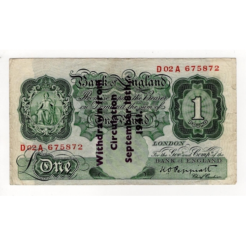 196 - Peppiatt 1 Pound (B239A) Guernsey Overprint 'Withdrawn from circulation September 18th 1941', serial... 