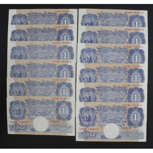 199 - Peppiatt 1 Pound (B249) issued 1940 (12), blue WW2 emergency issue, 6 x consecutively numbered pairs... 