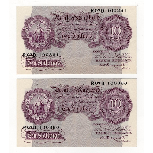 203 - Peppiatt 10 Shillings (B251) issued 1940 (2), mauve WW2 emergency issue, a consecutively numbered pa... 