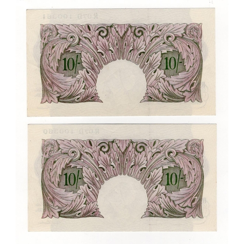 203 - Peppiatt 10 Shillings (B251) issued 1940 (2), mauve WW2 emergency issue, a consecutively numbered pa... 