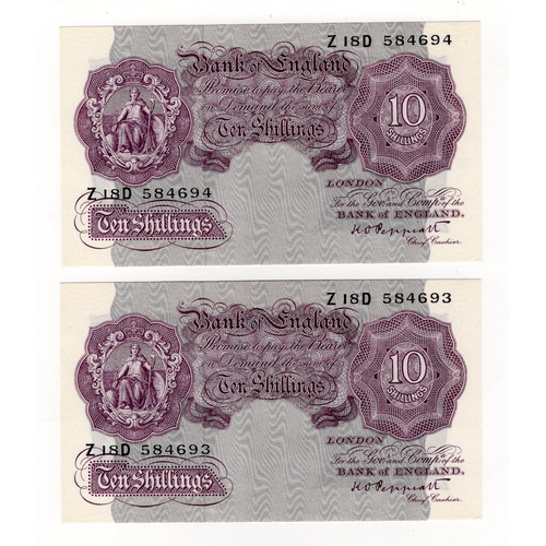 204 - Peppiatt 10 Shillings (B251) issued 1940 (2), mauve WW2 emergency issue, very rare consecutively num... 