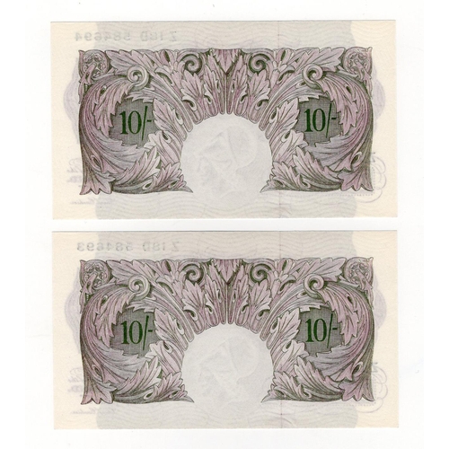 204 - Peppiatt 10 Shillings (B251) issued 1940 (2), mauve WW2 emergency issue, very rare consecutively num... 