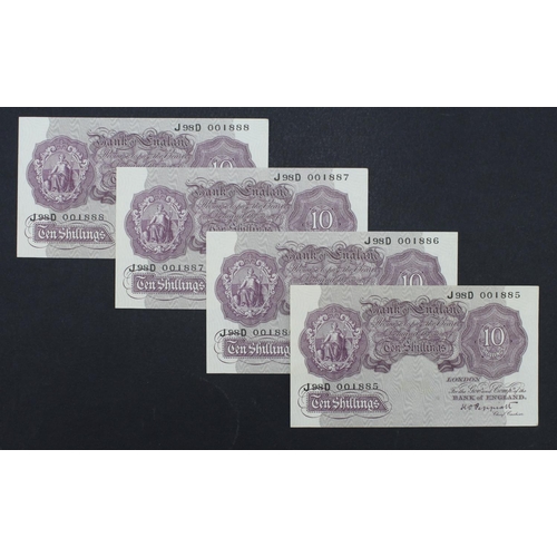 205 - Peppiatt 10 Shillings (B251) issued 1940 (4), mauve WW2 emergency issue, a scarce consecutively numb... 