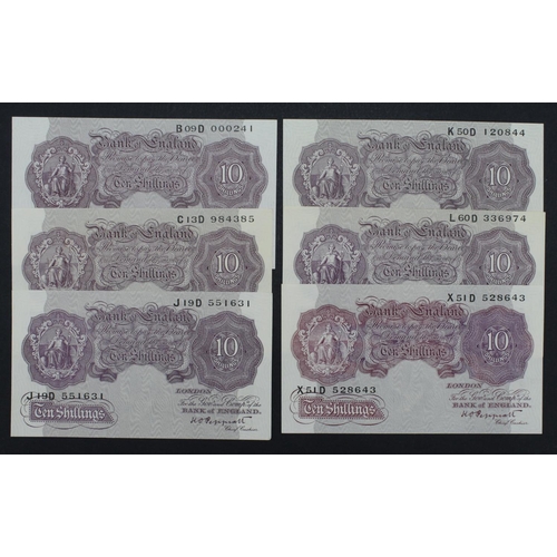 206 - Peppiatt 10 Shillings (B251) issued 1940 (6), mauve WW2 emergency issue, prefixes B09D, C13D, J19D, ... 