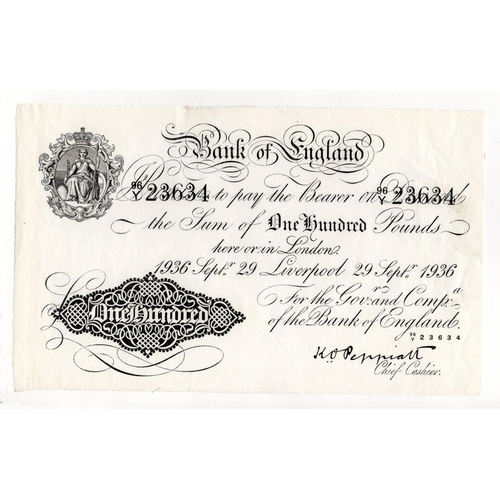 208 - Peppiatt 100 Pounds (B245e) white note dated 29th September 1936, LIVERPOOL branch issue, serial 96/... 