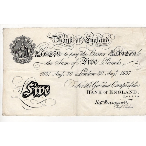 212 - Peppiatt 5 Pounds (B241) dated 30th August 1937, serial B/145 09279, London issue (B241, Pick335a) V... 