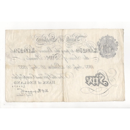 212 - Peppiatt 5 Pounds (B241) dated 30th August 1937, serial B/145 09279, London issue (B241, Pick335a) V... 