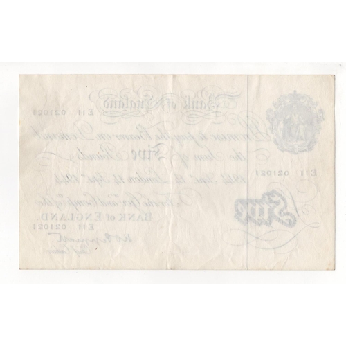 216 - Peppiatt 5 Pounds (B255) dated 14th September 1944, Repeater number, serial E11 021021, London issue... 