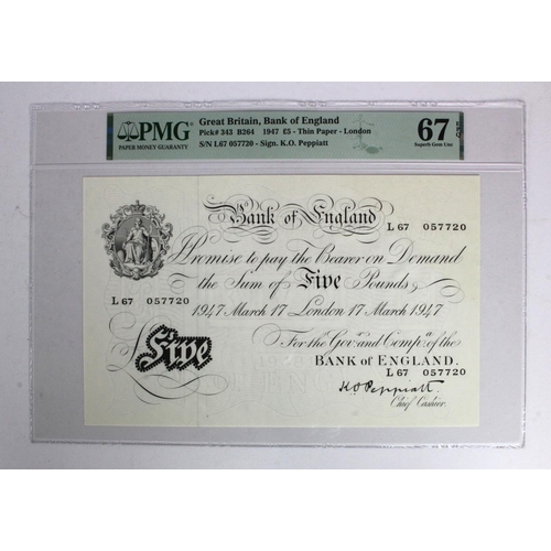 218 - Peppiatt 5 Pounds (B264) dated 17th March 1947, serial L67 057720, London issue on thin paper (B264,... 