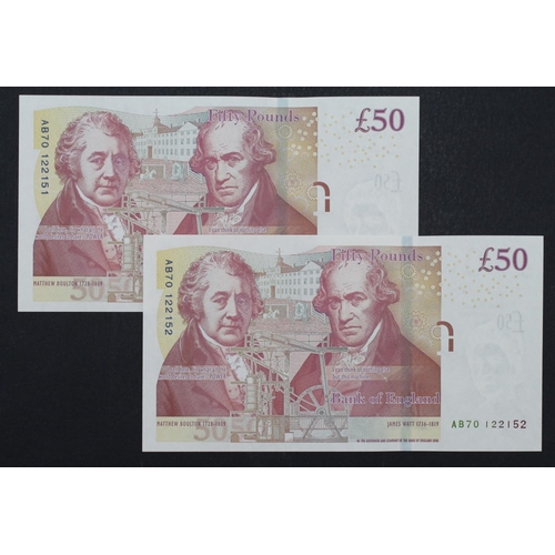 227 - Salmon 50 Pounds (B410) issued 2011 (2), a consecutively numbered pair serial AB70 122151 & AB70 122... 