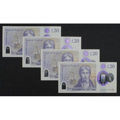 231 - Sarah John 20 Pounds (B416) issued 2020 (4), a consecutively numbered run, serial BJ01 398759 - BJ01... 