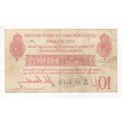 25 - Bradbury 10 Shillings (T12.1) issued 1915, FIRST PREFIX of issue, 5 digit serial number A/78 67446 (... 