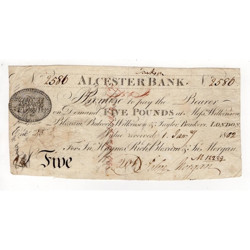 291 - Alcester Bank 5 Pounds dated 1st January 1802, serial No. 2586 for JN. Haynes, Rich. Bloxam & JN. Mo... 