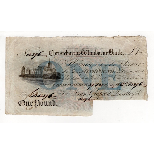 294 - Christchurch & Wimborne Bank 1 Pound dated 1825, serial No. 13294 for Dean, Clapcott, Quartley & Co.... 