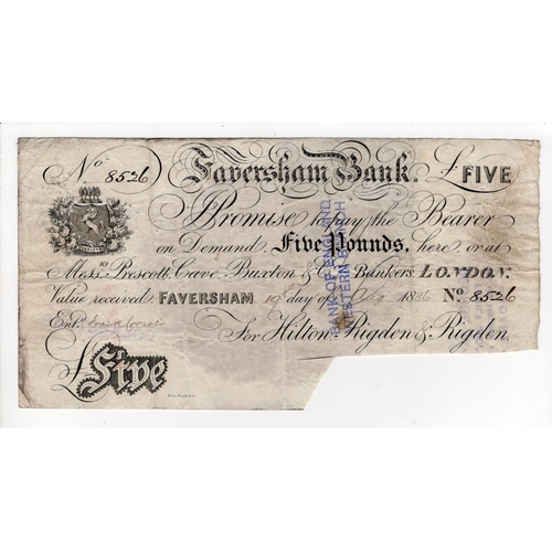 298 - Faversham Bank 5 Pounds dated 1886, serial No. 8526 for Hilton, Rigden & Rigden (Outing786d) pinhole... 