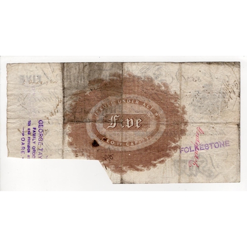 298 - Faversham Bank 5 Pounds dated 1886, serial No. 8526 for Hilton, Rigden & Rigden (Outing786d) pinhole... 