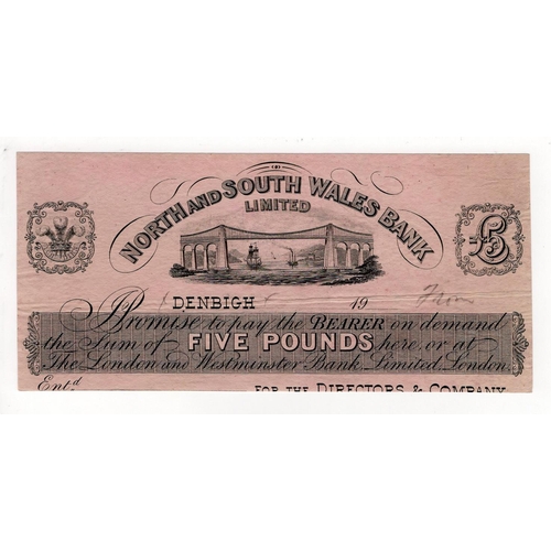 306 - North & South Wales Bank Limited, Denbigh, 5 Pounds CUT PROOF 18xx (Outing662e) light mount marks on... 