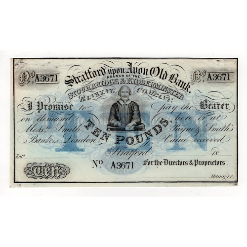 317 - Stratford upon Avon Old Bank Stourbridge and Kidderminster Branch 10 Pounds unissued note, circa 183... 