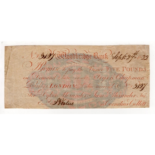 323 - Woodbridge Bank 5 Pounds dated 27th September 1822, serial no. 3127 for Dykes, Alexander, Saml. Alex... 