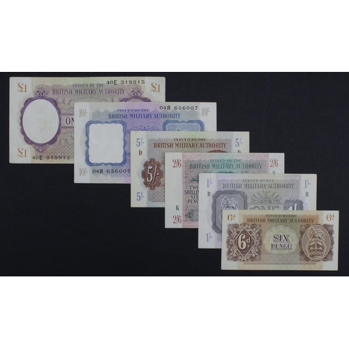 341 - British Military Authority (6), a full set of 1943 issue, 1 Pound, 10 Shillings, 5 Shillings, 2 Shil... 