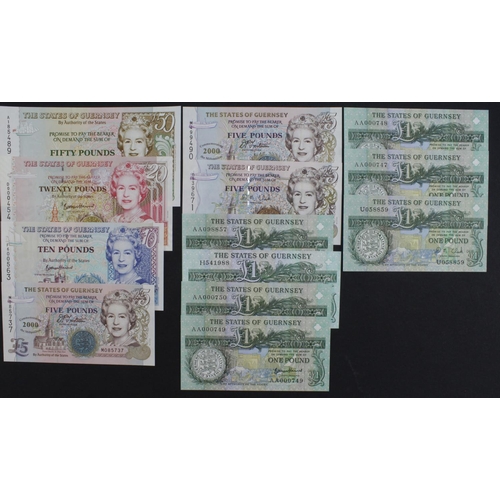 344 - Guernsey (13), high grade collection comprising 50 Pounds 1994, 20 Pounds 2009 LOW number D000454, 1... 