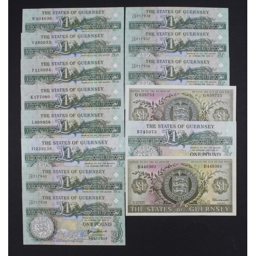 345 - Guernsey (14), 1 Pound issued 1969, signed Guillemette, serial B440301 (TBB B150a, Pick45a), 1 Pound... 