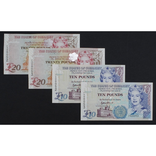 348 - Guernsey (4), two pairs of consecutively numbered MATCHING very LOW serial numbers, 20 Pounds signed... 