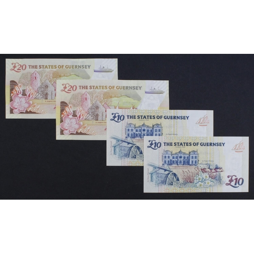 348 - Guernsey (4), two pairs of consecutively numbered MATCHING very LOW serial numbers, 20 Pounds signed... 