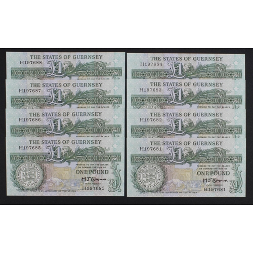 351 - Guernsey 1 Pound (8) issued 1980 - 1989, signed M.J. Brown, a consecutively numbered run of 8 notes,... 