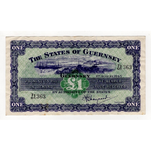 352 - Guernsey 1 Pound dated 1st August 1945, scarce first date of issue, 2/O 1363 (TBB B148a, Pick43a) or... 