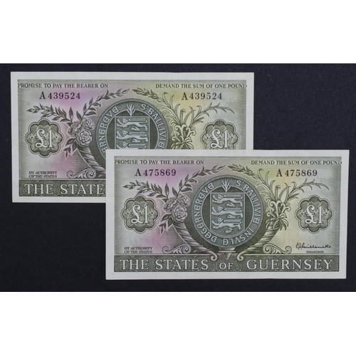 353 - Guernsey 1 Pound issued 1969 (2), signed Guillemette, FIRST SERIES notes, serial A439524 & A475869 (... 