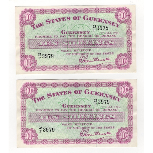 355 - Guernsey 10 Shillings (2) dated 1st July 1966, a pair of consecutively numbered notes serial 23/P 39... 