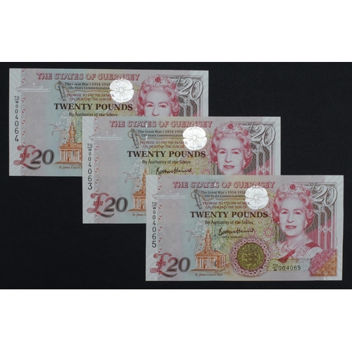 357 - Guernsey 20 Pounds (3) issued 2018, signed B. Haines, a consecutively numbered run of Commemorative ... 