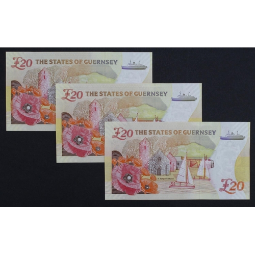 357 - Guernsey 20 Pounds (3) issued 2018, signed B. Haines, a consecutively numbered run of Commemorative ... 