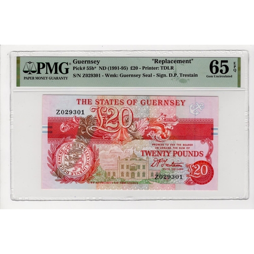 358 - Guernsey 20 Pounds issued 1991 - 1995, orange/red signature D.P. Trestain, REPLACEMENT note 'Z' pref... 