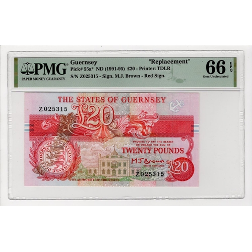 359 - Guernsey 20 Pounds issued 1991 - 1995, orange/red signature M.J. Brown, REPLACEMENT note 'Z' prefix,... 