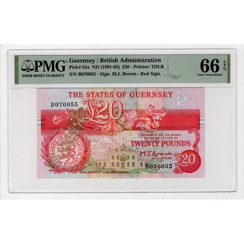 360 - Guernsey 20 Pounds issued 1991 - 1995, orange/red signature M.J. Brown, serial B070055 (TBB B160a, P... 