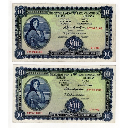 369 - Ireland Republic 10 Pounds (2) dated 2nd May 1962 and 17th May 1962, Lady Lavery portrait at left, s... 