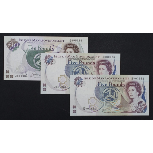 377 - Isle of Man (3), 10 Pounds issued 1998, VERY HIGH number, serial J999984 (IMPM M537, Pick44a), 5 Pou... 