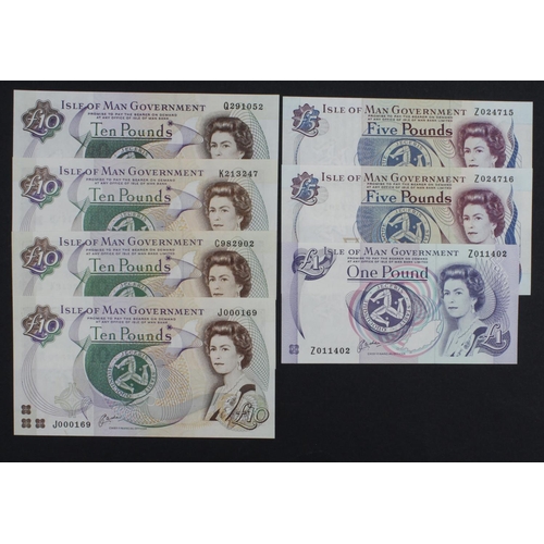 379 - Isle of Man (7), 10 Pounds issued 1991 - 1998 (4) including a LOW number J000169, a first prefix C98... 